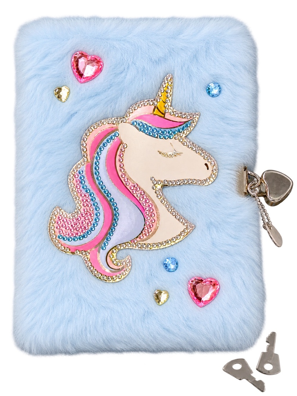 Claire's Light Blue Fuzzy Unicorn Diary with Gem Accents, Lockable, 2 keys NWT